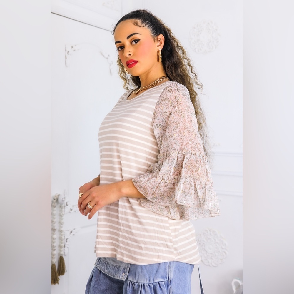 Floral Sleeve Striped Top - Cream